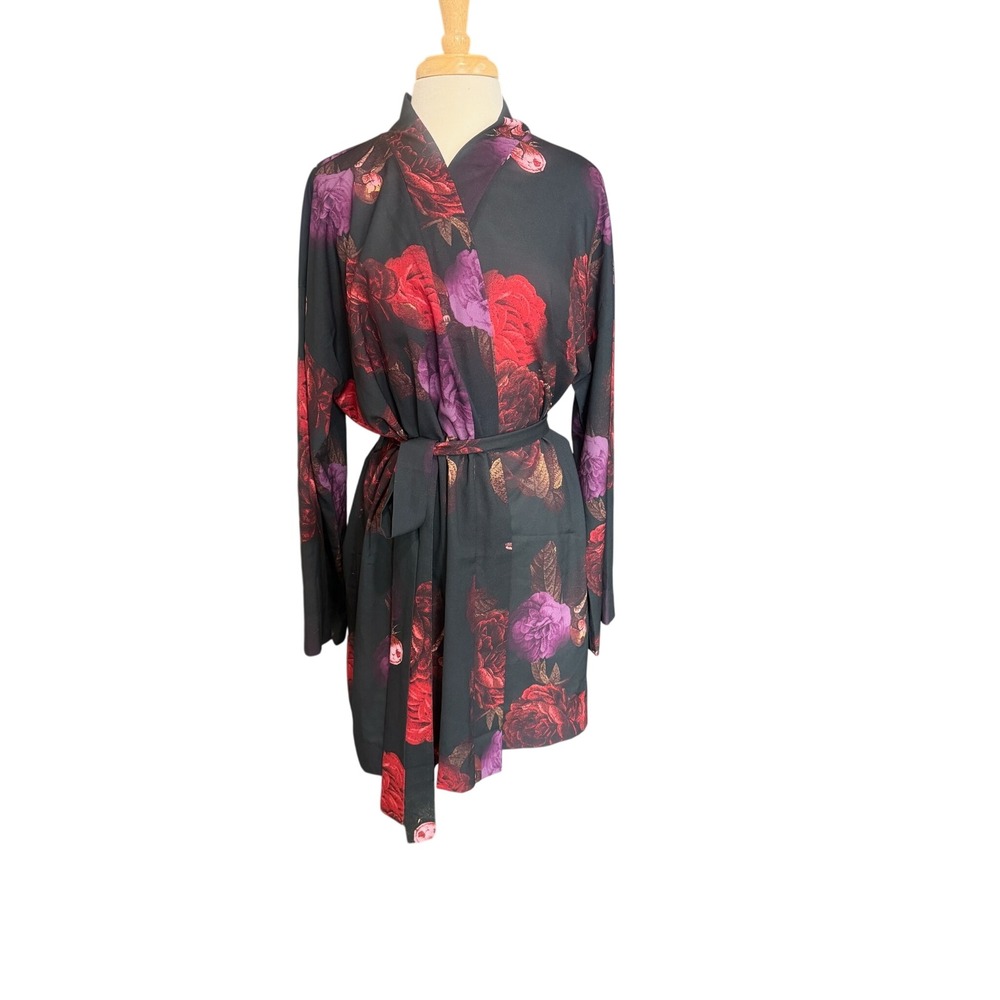 Cacique Floral Robe 14/16 NWT Black Red Rose Kimono Seriously Belted Lingerie